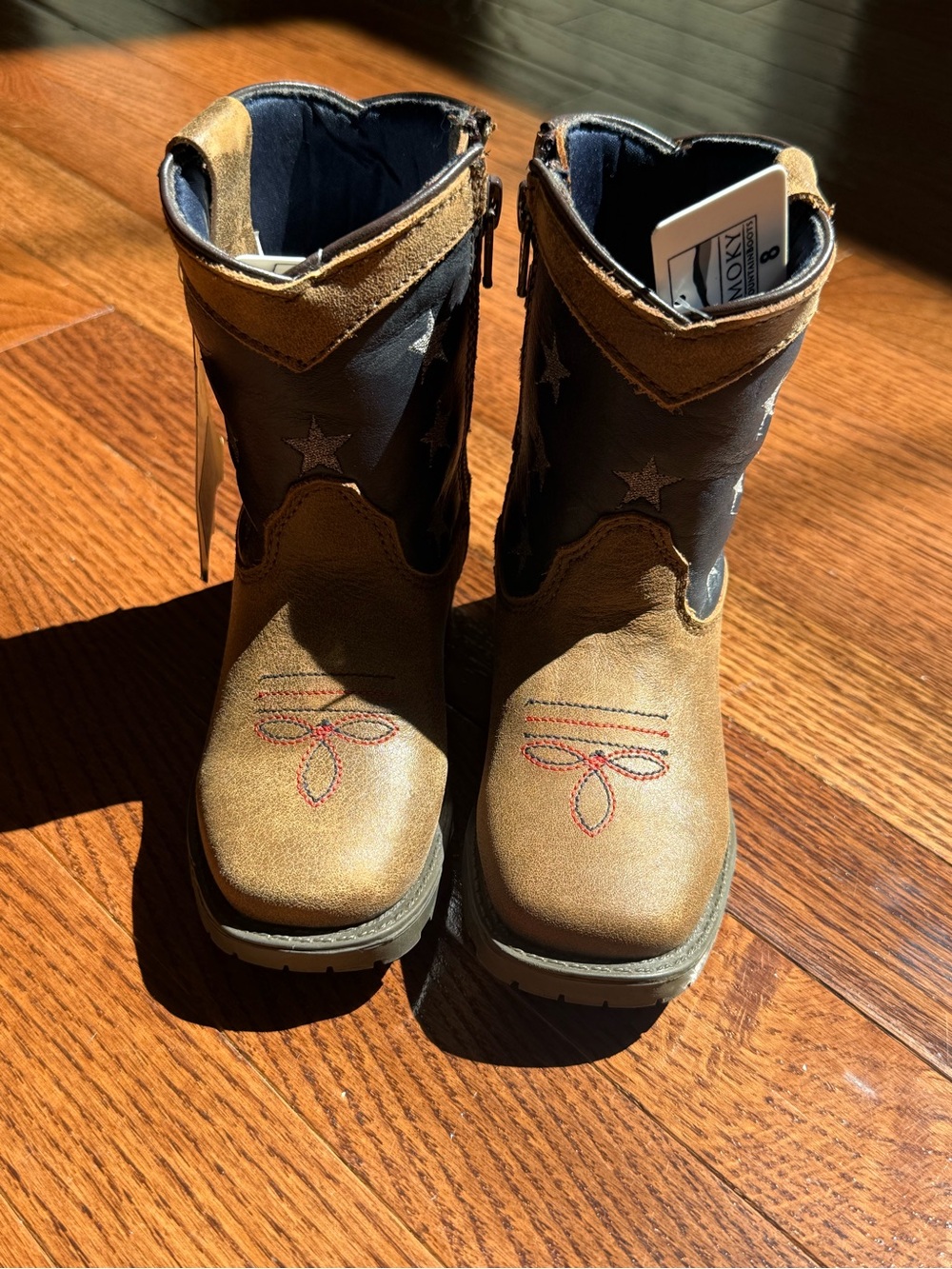 Children's Tan and Black Star Western Boots with Embroidered Toe